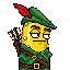 Cucumber in a green Robin Hood hat with a red feather and a quiver of arrows